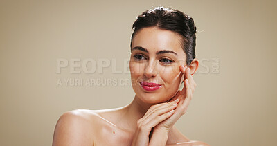 Buy stock photo Woman, thinking and smile with beauty in studio, touch and results with mockup space on background. Girl, model and happy with change, makeup and cosmetics for glow, reflection and transformation