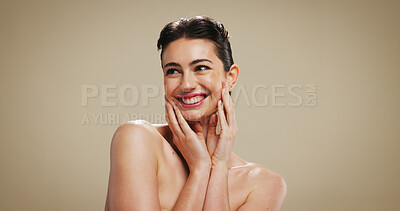 Buy stock photo Thinking, woman and smile for skincare in studio of natural glow, facial treatment and dermatology. Happy, person and healthy skin with beauty, collagen results and texture on brown background space