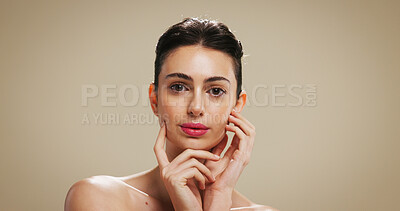 Buy stock photo Portrait, skincare and woman with makeup for beauty, aesthetic and glow. Face, serious and female model with lipstick for cosmetics, dermatology and facial treatment on brown studio background space