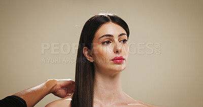 Buy stock photo Woman, beauty or hair with salon treatment for styling or cosmetics on a studio background. Female person, model or thinking with makeup, style or haircare for volume, texture or cosmetology on space