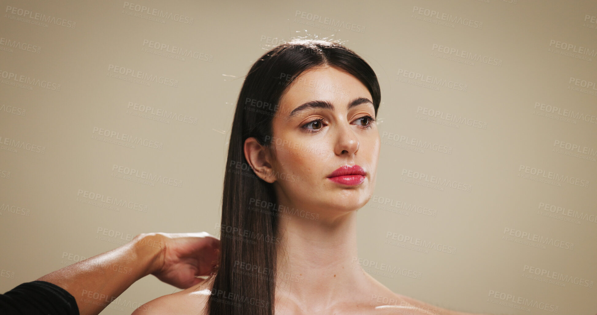 Buy stock photo Woman, beauty or hair with salon treatment for styling or cosmetics on a studio background. Female person, model or thinking with makeup, style or haircare for volume, texture or cosmetology on space