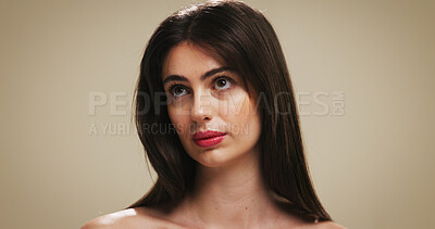 Buy stock photo Makeup, skincare and thinking with woman on studio background for cosmetic ideas or vision. Beauty, foundation and glow with female model on space for facial results, lipstick color or wellness