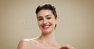 Buy stock photo Portrait, happy and woman for beauty in studio of natural glow, facial treatment and dermatology. Smile, person and healthy skin with skincare, collagen results and texture on brown background space