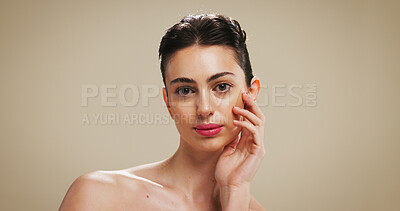 Buy stock photo Soft, skin and skincare for woman, portrait or cosmetics for beauty, smooth and confident with glow. Dermatology, person and hydration of face for shine, studio background and self care in USA