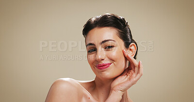 Buy stock photo Portrait, skincare and happy woman in studio for beauty, aesthetic and makeup with glow. Face, smile and model with lipstick for cosmetics, wellness or facial transformation on brown background