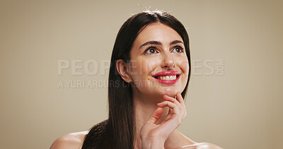 Buy stock photo Haircare, happy and woman with long hair, beauty or cosmetics for healthy texture, growth or hairdo. Studio background, thinking and person with smile for shine, wellness and hairstyle at space