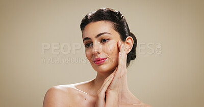 Buy stock photo Beauty, touch and thinking with woman on studio background for cosmetic ideas or vision. Makeup, foundation and skincare glow with female model on space for facial results, lipstick color or wellness