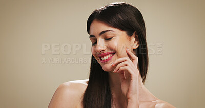 Buy stock photo Haircare, growth and woman with long hair, beauty or cosmetics for healthy texture, happy or hairdo. Studio background, thinking and person with smile for shine, wellness and treatment for hairstyle