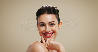 Buy stock photo Portrait, smile and woman with makeup for beauty, aesthetic and self care with glow. Face, cosmetics and confident model with lipstick, shine and skincare with space on brown studio background