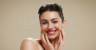 Buy stock photo Portrait, beauty and happy woman in studio with makeup, aesthetic and self care with glow. Face, cosmetics and confident model with lipstick, shine and skincare with space on brown background