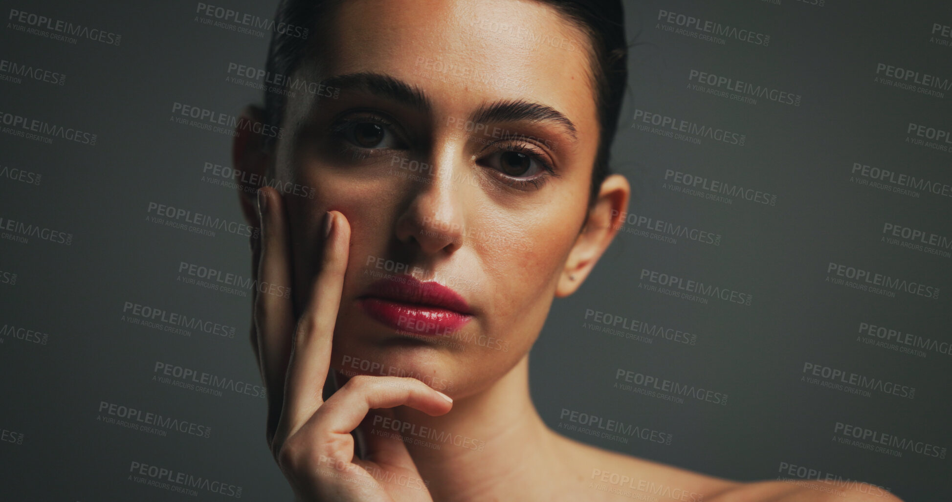 Buy stock photo Portrait, beauty and confident woman with makeup in studio with collagen, aesthetic or space. Face, serious model or lipstick cosmetics for skincare, dermatology or self care on dark background