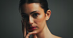 Portrait, beauty and woman with makeup for skincare with collagen, aesthetic or space. Face, serious model or lipstick cosmetics in studio for dermatology, self care or confident on dark background