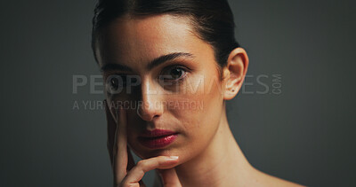 Buy stock photo Portrait, beauty and woman with makeup for wellness with collagen, aesthetic or space. Face, serious model or lipstick cosmetics in studio for dermatology, self care or confident on dark background