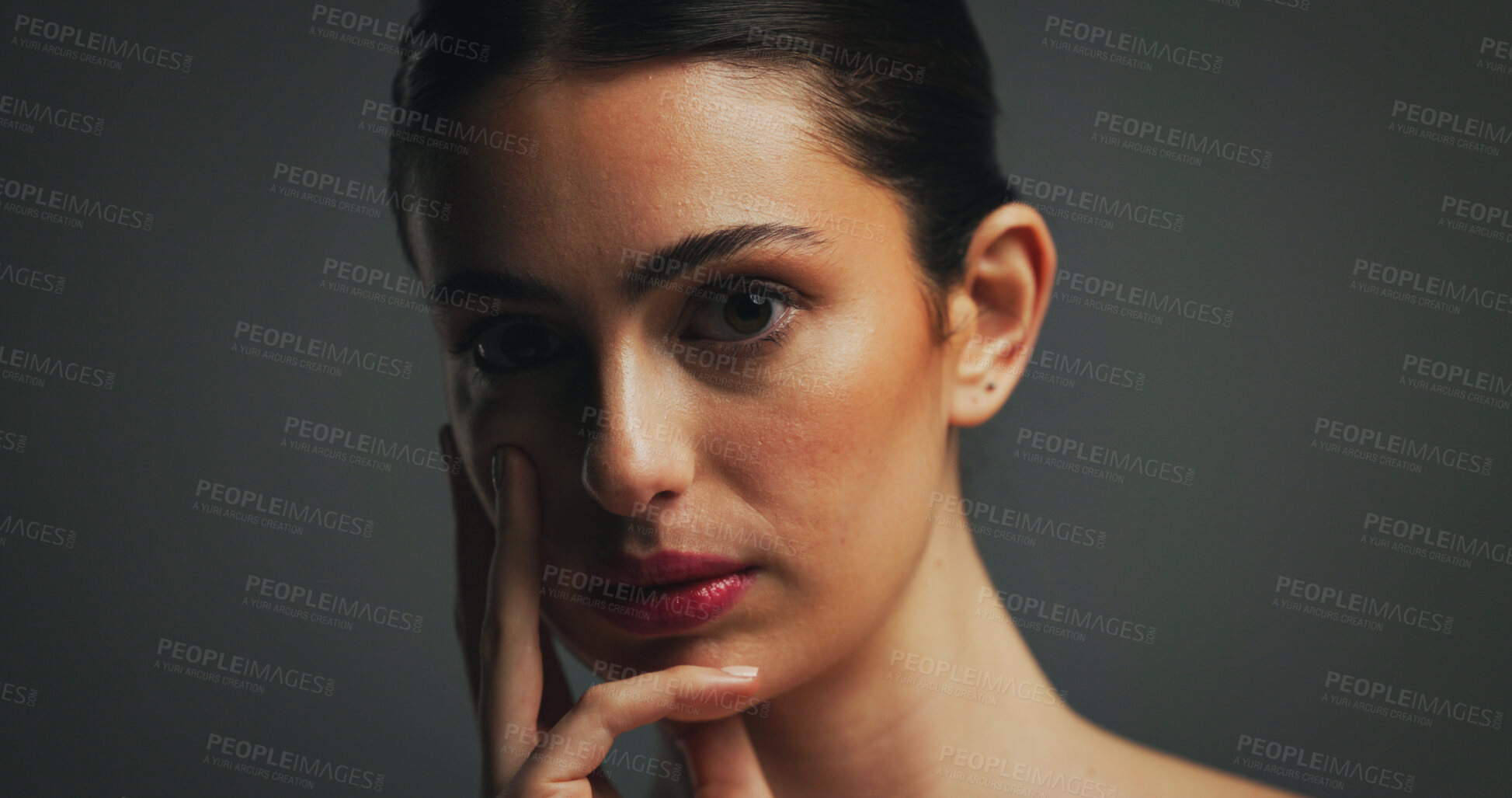 Buy stock photo Portrait, beauty and woman with makeup for wellness with collagen, aesthetic or space. Face, serious model or lipstick cosmetics in studio for dermatology, self care or confident on dark background