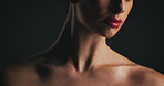 Shoulder, beauty and glow with woman in studio for dermatology, body care and hygiene. Collagen benefits, aesthetic and shine with closeup of person on black background for grooming and neck