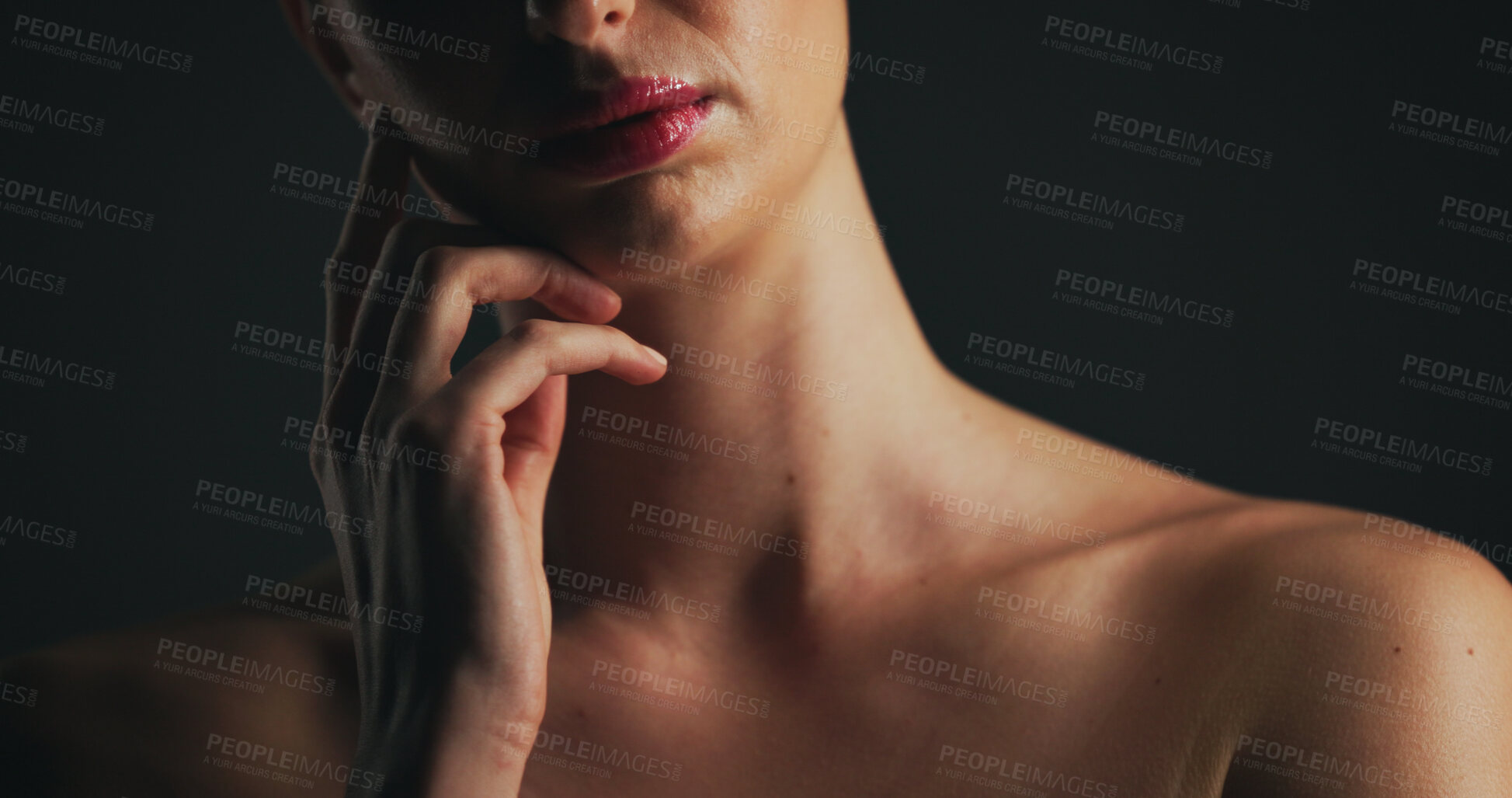 Buy stock photo Shoulder, glow and hand of woman in studio for dermatology, body care and hygiene. Collagen benefits, aesthetic and shine with closeup of person on black background for space, grooming and touch