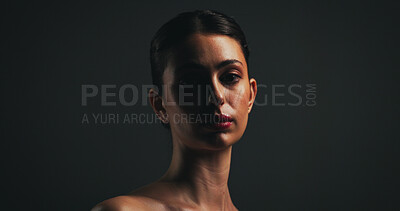 Buy stock photo Portrait, beauty and woman with makeup in studio with collagen, aesthetic or space. Face, serious model or lipstick cosmetics for skincare, dermatology or self care for confidence on black background