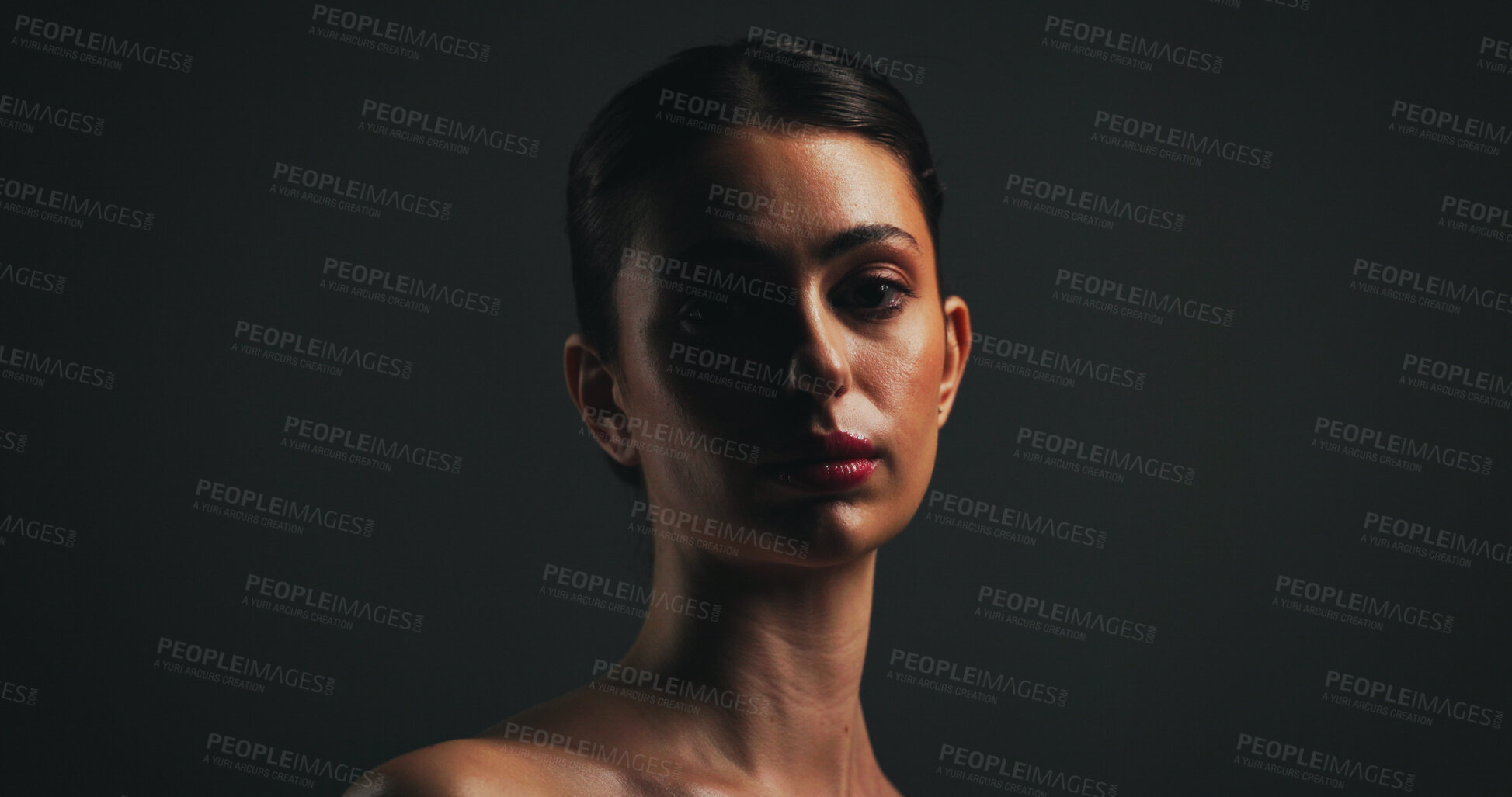 Buy stock photo Portrait, beauty and woman with makeup in studio with collagen, aesthetic or space. Face, serious model or lipstick cosmetics for skincare, dermatology or self care for confidence on black background