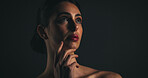 Thinking, black background and woman with beauty in studio for skincare, healthy skin and glow. Dermatology, mockup space and person for facial treatment, spa aesthetic and anti aging cosmetics