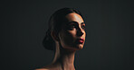 Thinking, beauty and woman with makeup in studio with collagen, aesthetic or space. Thoughts, serious model or lipstick cosmetics for skincare, dermatology or self care for health on black background