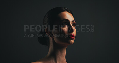 Buy stock photo Thinking, beauty and woman with makeup in studio with collagen, aesthetic or mockup space. Thoughts, serious model and lipstick cosmetics for skincare, dermatology and self care on black background