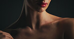 Shoulder, beauty and skincare with woman in studio for dermatology, body care and hygiene. Collagen benefits, aesthetic and shine with closeup of person on black background for grooming and neck