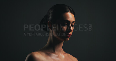 Buy stock photo Skincare, black background and woman with beauty in studio for wellness, healthy skin and glow. Dermatology, mockup space and person for facial treatment, spa aesthetic and anti aging cosmetics