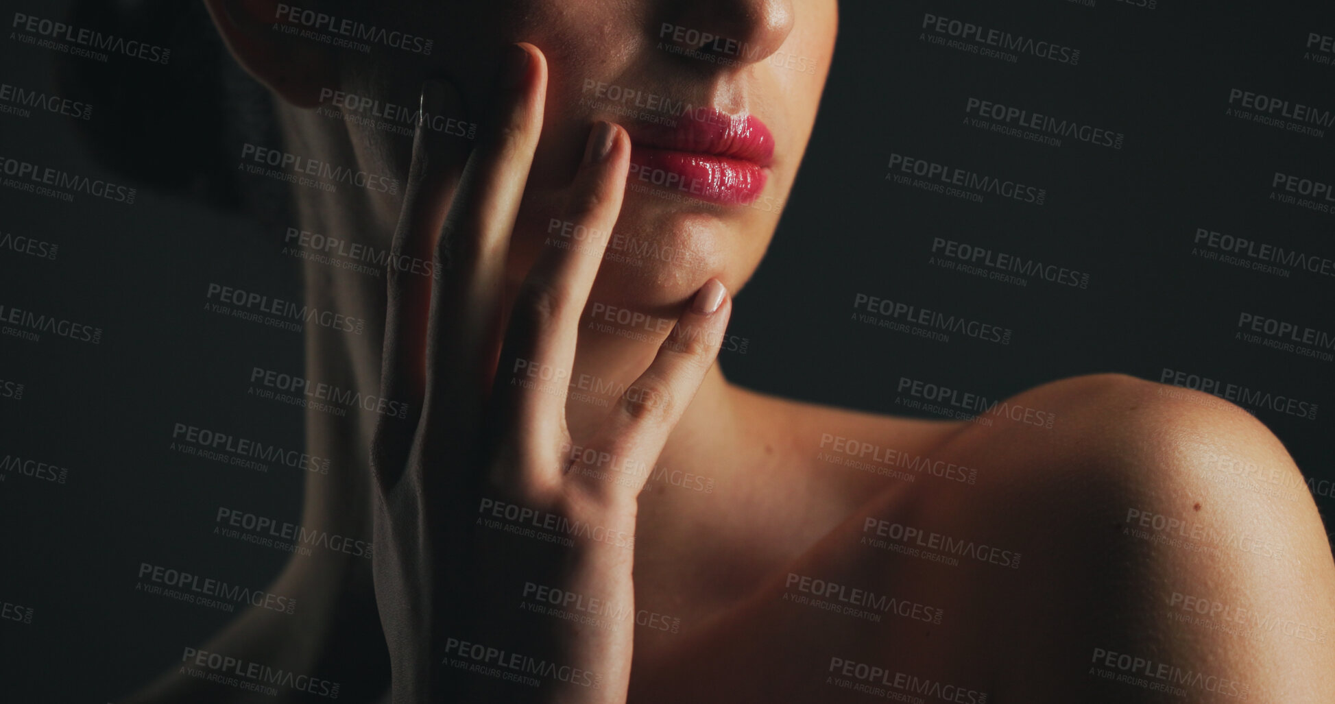 Buy stock photo Beauty, red lipstick and shoulders of woman in studio with makeup, self care or cosmetics. Skincare, cosmetology and female person with natural body glow for dermatology routine by black background.