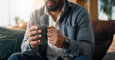 Buy stock photo Coffee, hands and man on sofa in home with calm, peace or morning break with warm beverage. Espresso, relax and male person drinking cappuccino, latte or tea for wellness in living room at apartment.