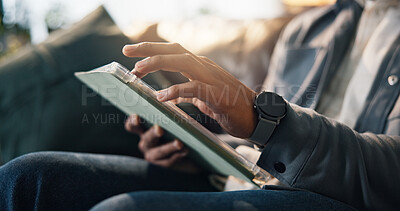 Buy stock photo Remote work, online and hands with tablet, home or creative for video editing, browsing and project. Freelance, editor and person with tech for post production, digital media or process in house