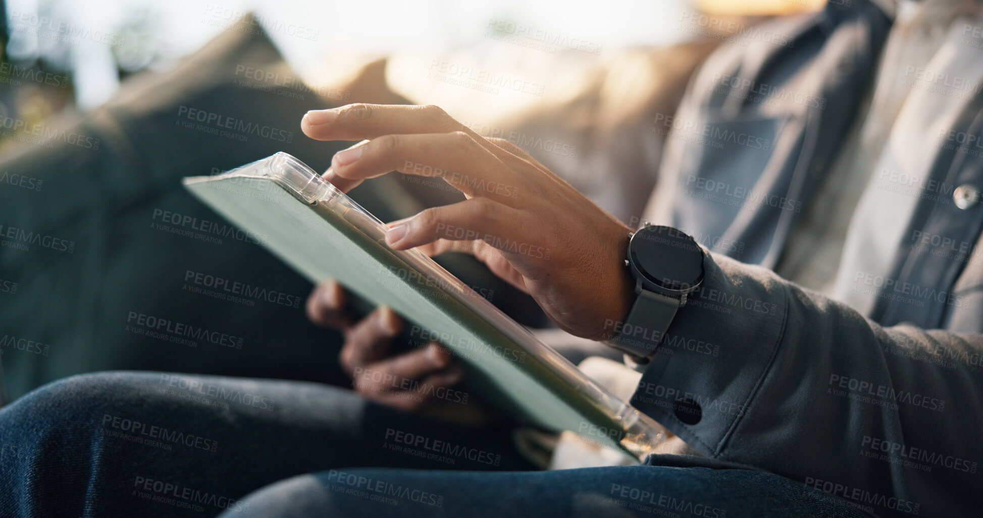 Buy stock photo Remote work, online and hands with tablet, home or creative for video editing, browsing and project. Freelance, editor and person with tech for post production, digital media or process in house