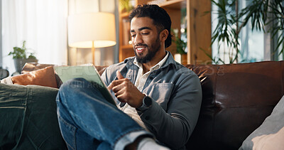Buy stock photo Remote work, man and happy with tablet on sofa for small business development, research or planning. Freelance entrepreneur, person and smile with digital app in home for startup proposal and review