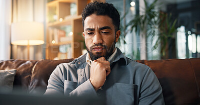 Buy stock photo Freelancer, laptop and vision with man on sofa for article research, blog writer and reflection. Journalist, remote worker and draft editing with person thinking in living room of home for idea