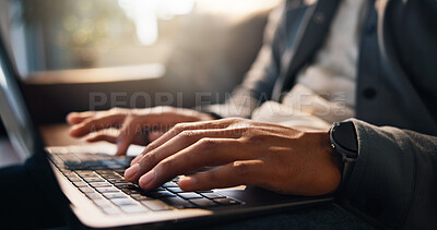 Buy stock photo Remote work, online and hands with laptop, home or creative for video editing, browsing and project. Freelance, editor and person with tech for post production, digital media or process in house