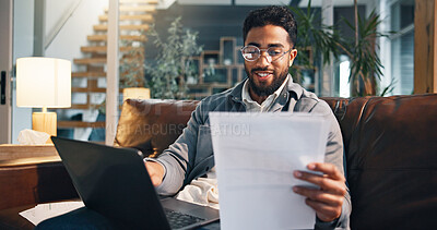 Buy stock photo Happy man, laptop and sofa with documents for finance, budget planning or expenses in home. Male person, audit and reading invoice with computer for financial checklist, mortgage or contract loan
