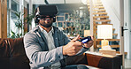 Man, vr headset and video game on sofa with controller, play and metaverse user experience in lounge. Person, augmented reality and happy gamer with virtual contest, esports or competition at house