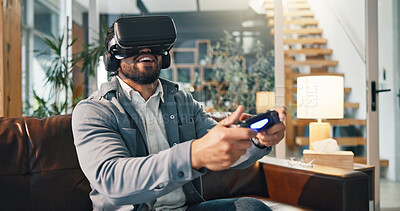 Buy stock photo Man, vr headset and video game on sofa with controller, play and metaverse user experience in lounge. Person, augmented reality and happy gamer with virtual contest, esports or competition at house