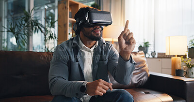 Buy stock photo Virtual reality, interaction and man on sofa in home for online gaming, metaverse and connection. Gamer, living room and person with vr headset for user experience, simulation and entertainment
