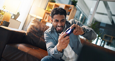 Buy stock photo Man, video game and excited with controller on sofa for online competition, challenge and happy in home. Person, gamer and play with strategy for next level, esports or digital contest in living room
