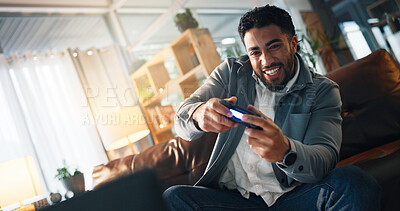 Buy stock photo Man, video game and happy with controller on sofa for online competition, challenge or excited in home. Person, gamer and play with strategy for next level, esports or digital contest in living room