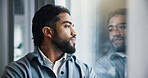 Professional, man and thinking by window in office for business decision, reflection or insight. Planning, entrepreneur and vision at work for startup company, career development or dream opportunity