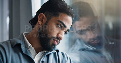 Depressed, businessman and window with stress for bankruptcy, company liquidation or financial crisis at office. Burnout, man or employee with anxiety, strain or pressure for debt mistake or failure
