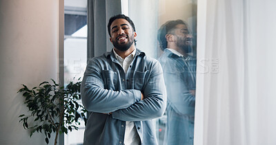 Buy stock photo Laugh, business man and arms crossed in office for career opportunity as comedy script writer. Happy worker, creative employee and funny screenwriter with confidence by window with portrait in India