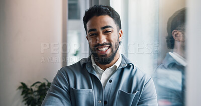 Buy stock photo Portrait, business man and smile in office for career opportunity as journalist, about us or pride. Happy worker, creative professional and reporter with confidence by window in workplace in India
