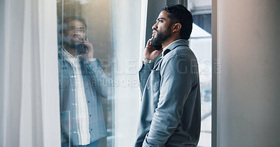 Buy stock photo Phone call, contact and businessman by window in office with networking for creative project. Thinking, communication and copywriter on mobile discussion with cellphone by glass door in workplace.