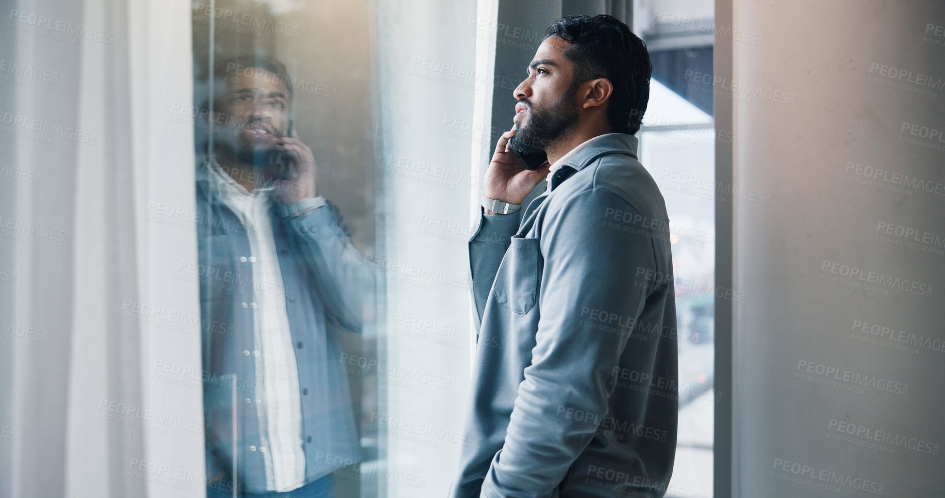 Buy stock photo Phone call, contact and businessman by window in office with networking for creative project. Thinking, communication and copywriter on mobile discussion with cellphone by glass door in workplace.