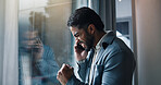 Phone call, fist pump and businessman in office with window for client success, b2b networking and deal. Excited, happy man and celebration for merger, good news and conversation or discussion