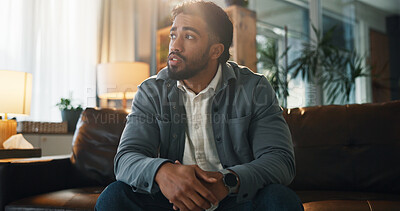 Buy stock photo Man, thinking and sofa with idea in home for daily activity, free time or relax in living room. Male person, thoughtful or contemplating with decision on couch for choice, memory or ambition in house