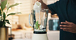 Blender, kitchen and hands in home for nutrition, breakfast and snack or diet. Smoothie, weight loss and male person with organic ingredients for health, wellness or morning fruit drink in house