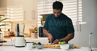 Buy stock photo Blender, fruit and man with smoothie in kitchen for healthy diet, nutrition and wellness. Home, detox and person with protein shake, drink and ingredients for vitamins, supplements and benefits